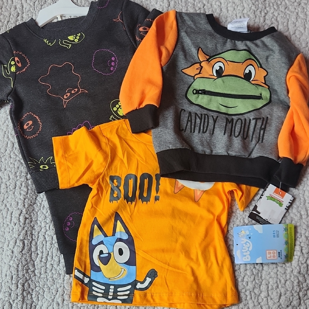Halloween Baby 12M, Monsters Outfits, Ninja Turtle Sweatshirts & Bluey Shirt